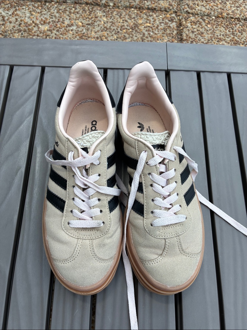 adidas Beige Suede Sneakers with Black Stripes and Gum Sole. Light pink laces.